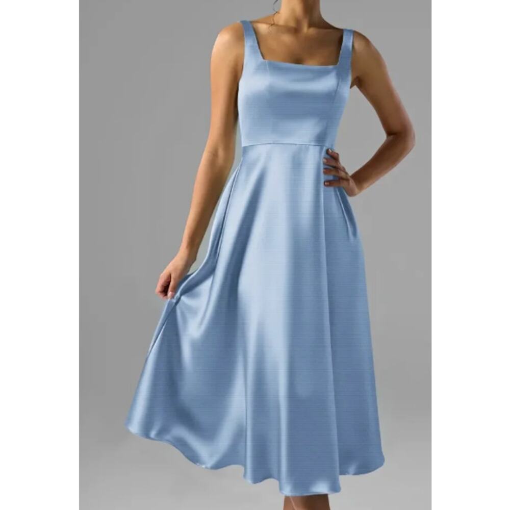 AW BRIDAL 8 M coronet blue Asa stretchy satin tea length midi dress NEW B31